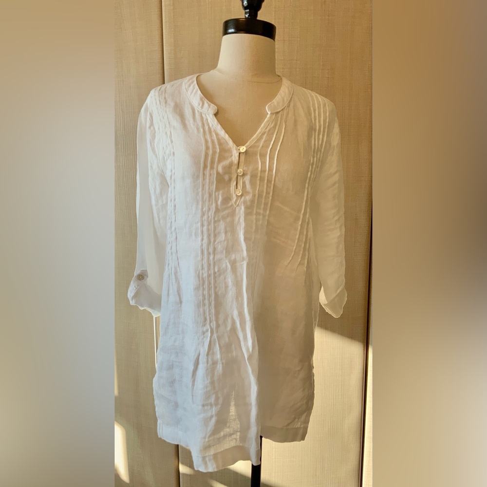 NWT Women’s Cynthia Rowley White Linen Blouse Roll Tab Sleeve, Sz Small